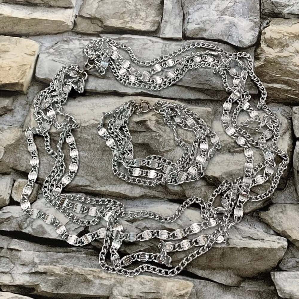 Vintage Signed Sarah Coventry 4 Strand Layer Chain Silver Necklace Bracelet Set - Picture 3 of 4